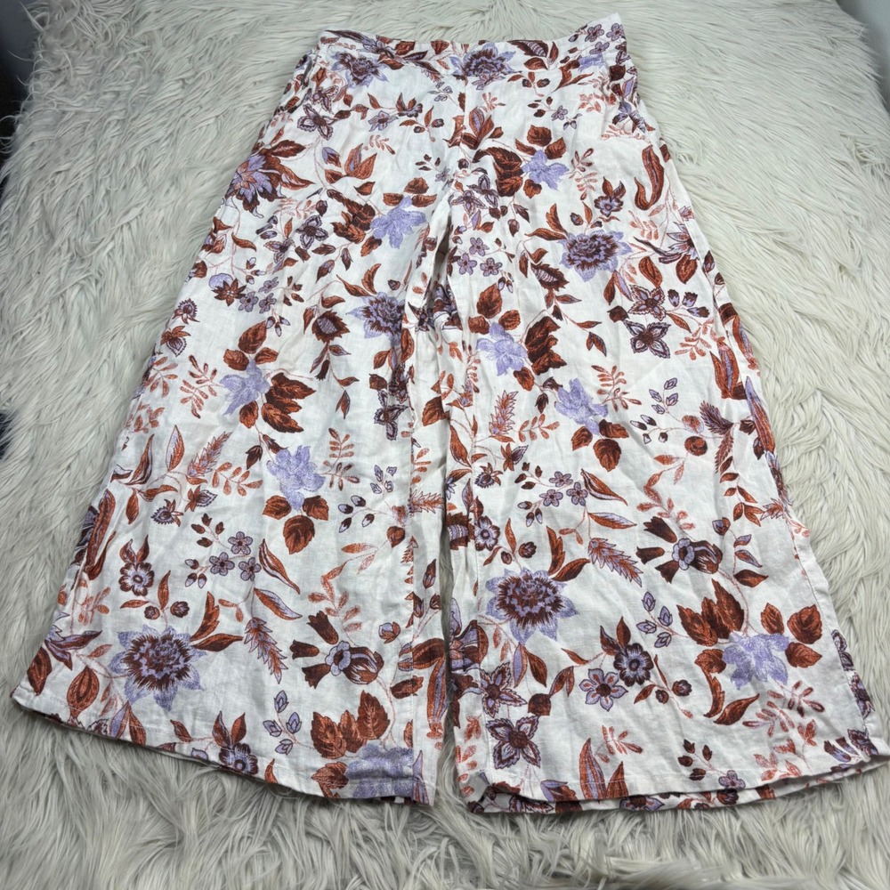 Rachel Zoe Women's L White Orange Floral Linen Blend Cropped Wide Leg Pant Beach